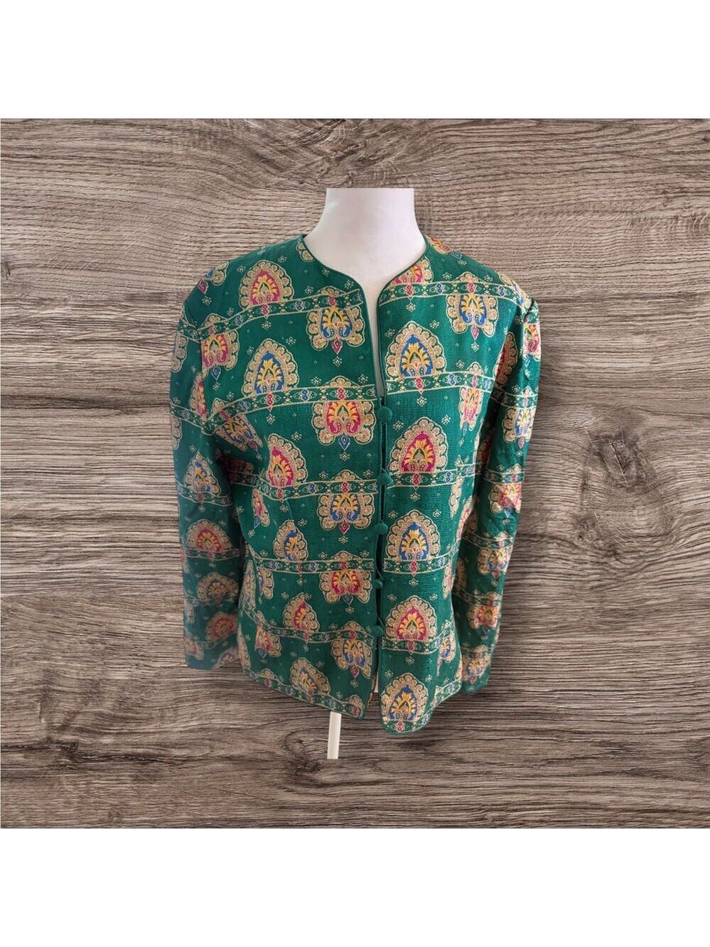 Vintage Adrianna Papell 100% Silk Green/Colorful Pattern 5 Button Down Jacket 12